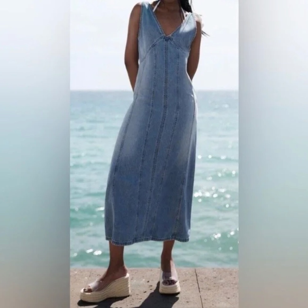 Zara TRF Denim Midi Dress V-neck